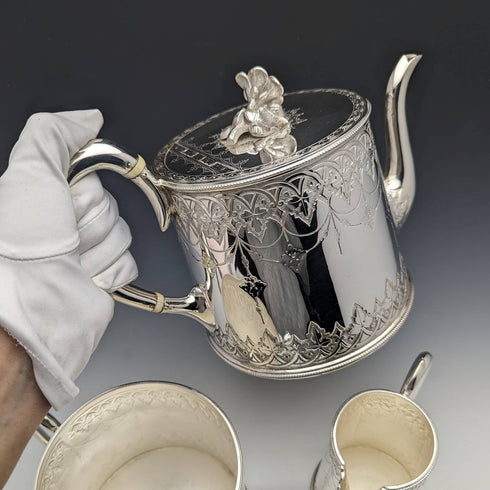 英國古董維多利亞鍍銀鼓茶壺 3 件套 WILLIAM HOWE